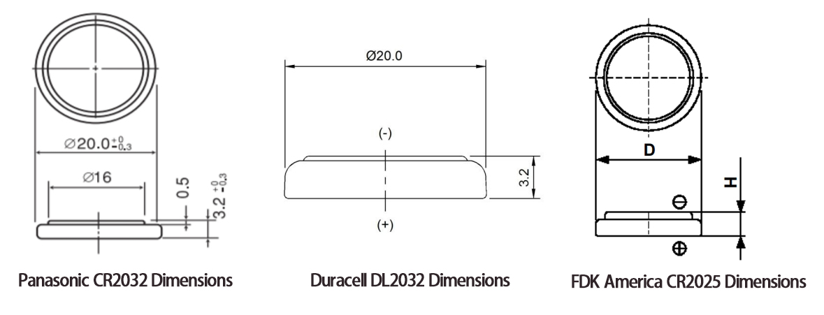 Dimensions of CR2032, DL2032, and CR2025 Batteries